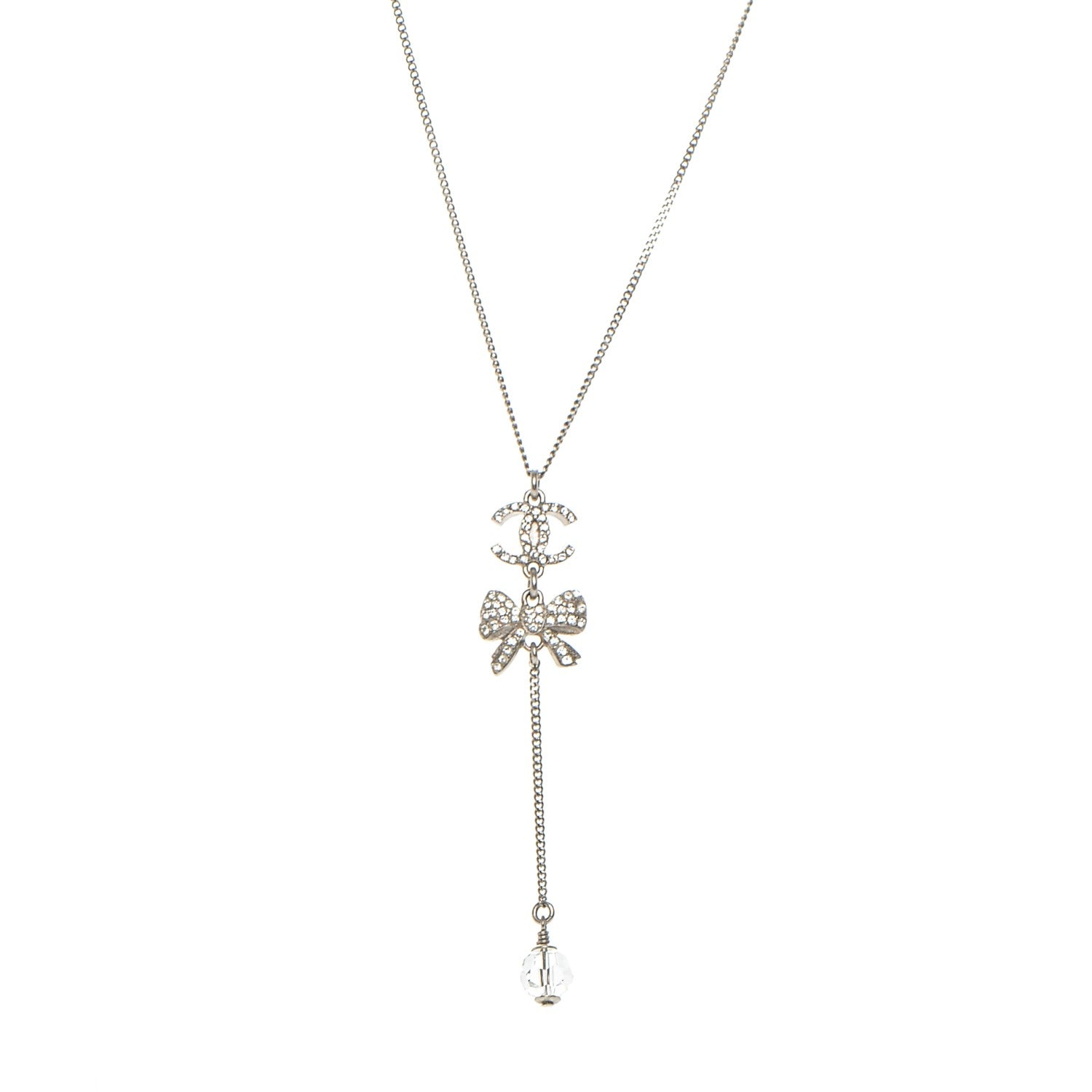 Chanel Crystal CC Bow Drop Necklace Silver 1 of 6