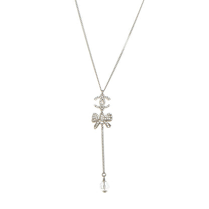 Chanel Crystal CC Bow Drop Necklace Silver 1 of 6