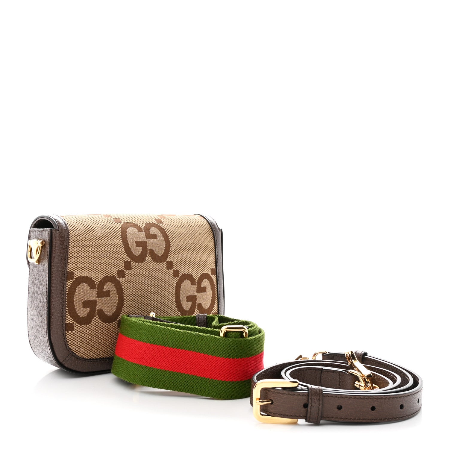 Gucci Monogram Jumbo GG Textured Dollar Calfskin Web Mini Horsebit 1955 Shoulder Bag Camel Ebony New Acero 3 of 10