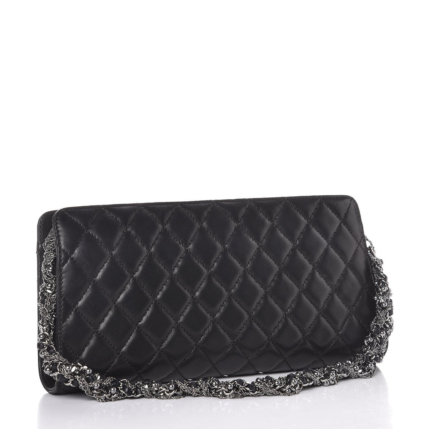 Lambskin Quilted Pearl Chain Wrist Wallet Black