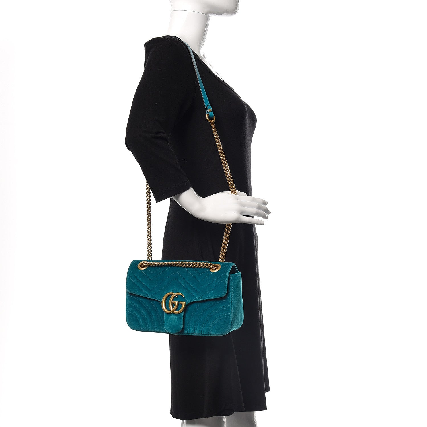 Gucci Velvet Matelasse Small GG Marmont Shoulder Bag Pavone Cyan 3 of 20