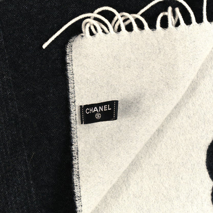 Chanel Cashmere Wool Logo Stole Black White 4 of 4