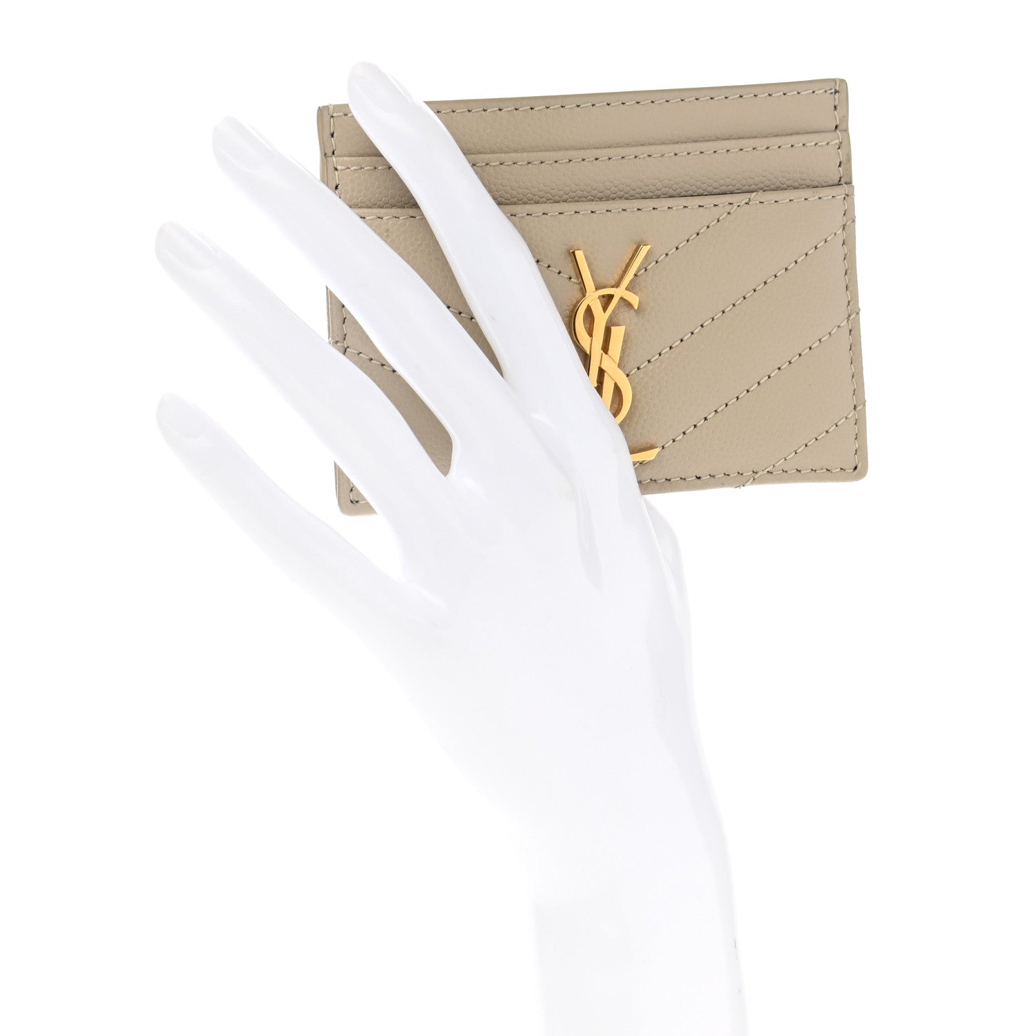 Saint Laurent Grain De Poudre Matelasse Chevron Monogram Credit Card Case Sea Salt 2 of 9
