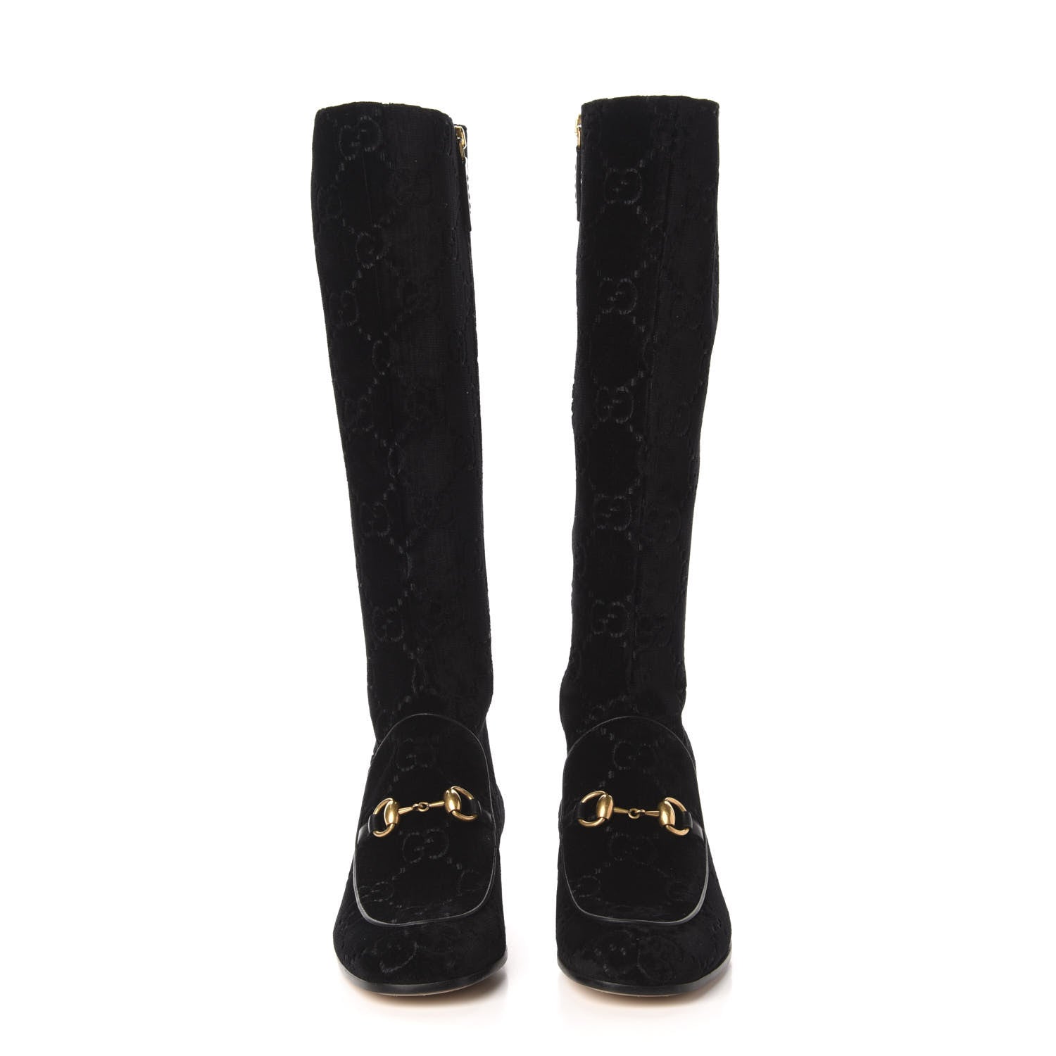 Gucci Velvet GG Monogram Crystal Horsebit Knee High Boots 36 Black 3 of 8