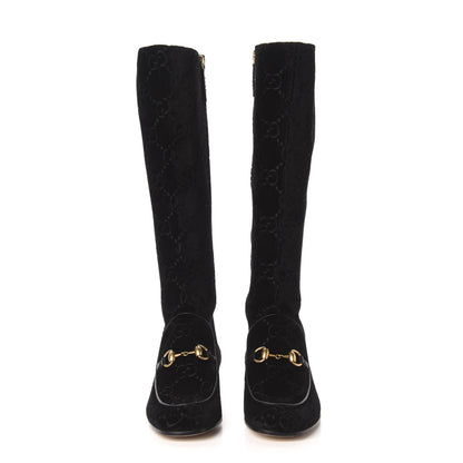 Gucci Velvet GG Monogram Crystal Horsebit Knee High Boots 36 Black 3 of 8