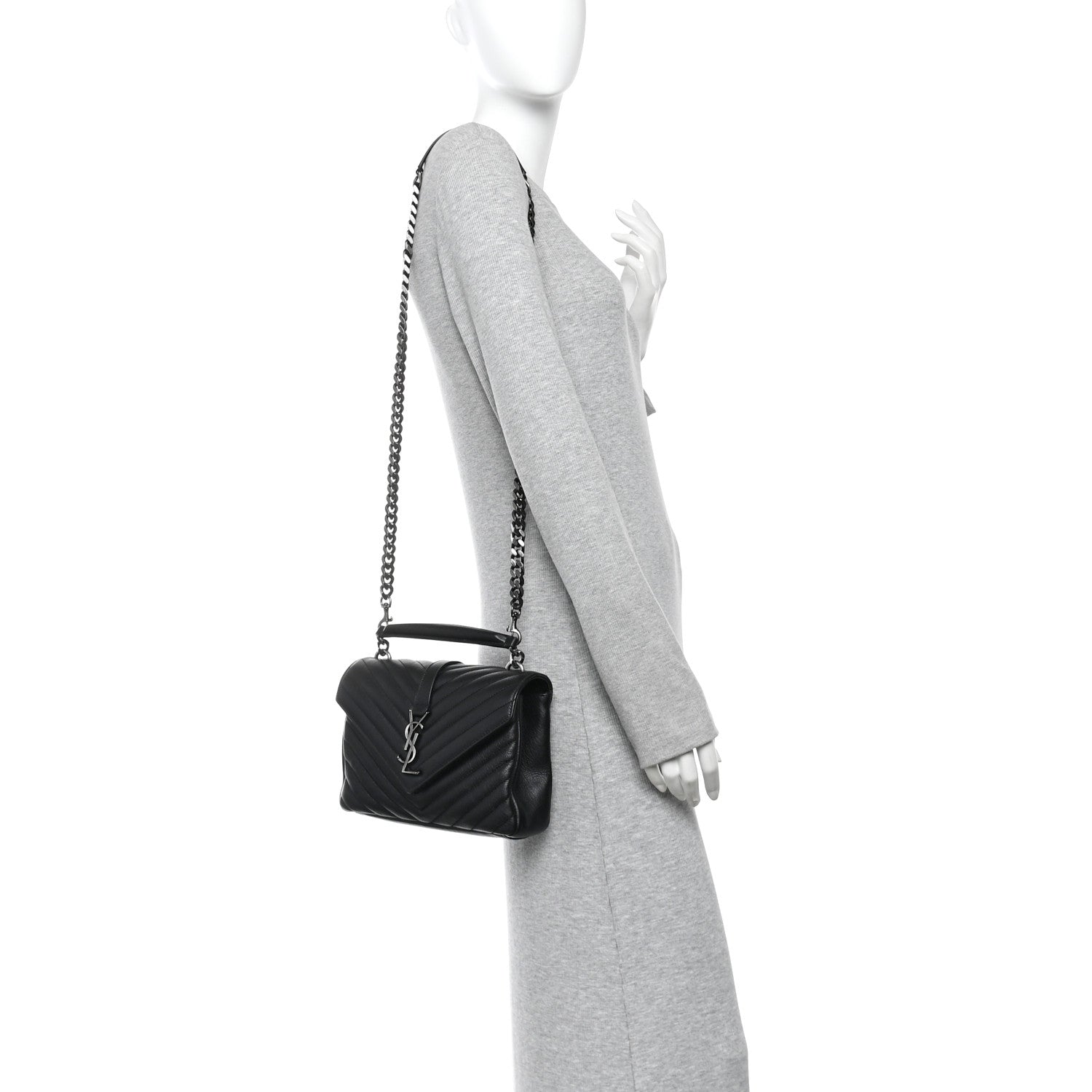Saint Laurent Sheepskin Matelasse Chevron Monogram Medium College Bag Black 2 of 10