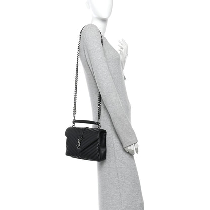 Saint Laurent Sheepskin Matelasse Chevron Monogram Medium College Bag Black 2 of 10