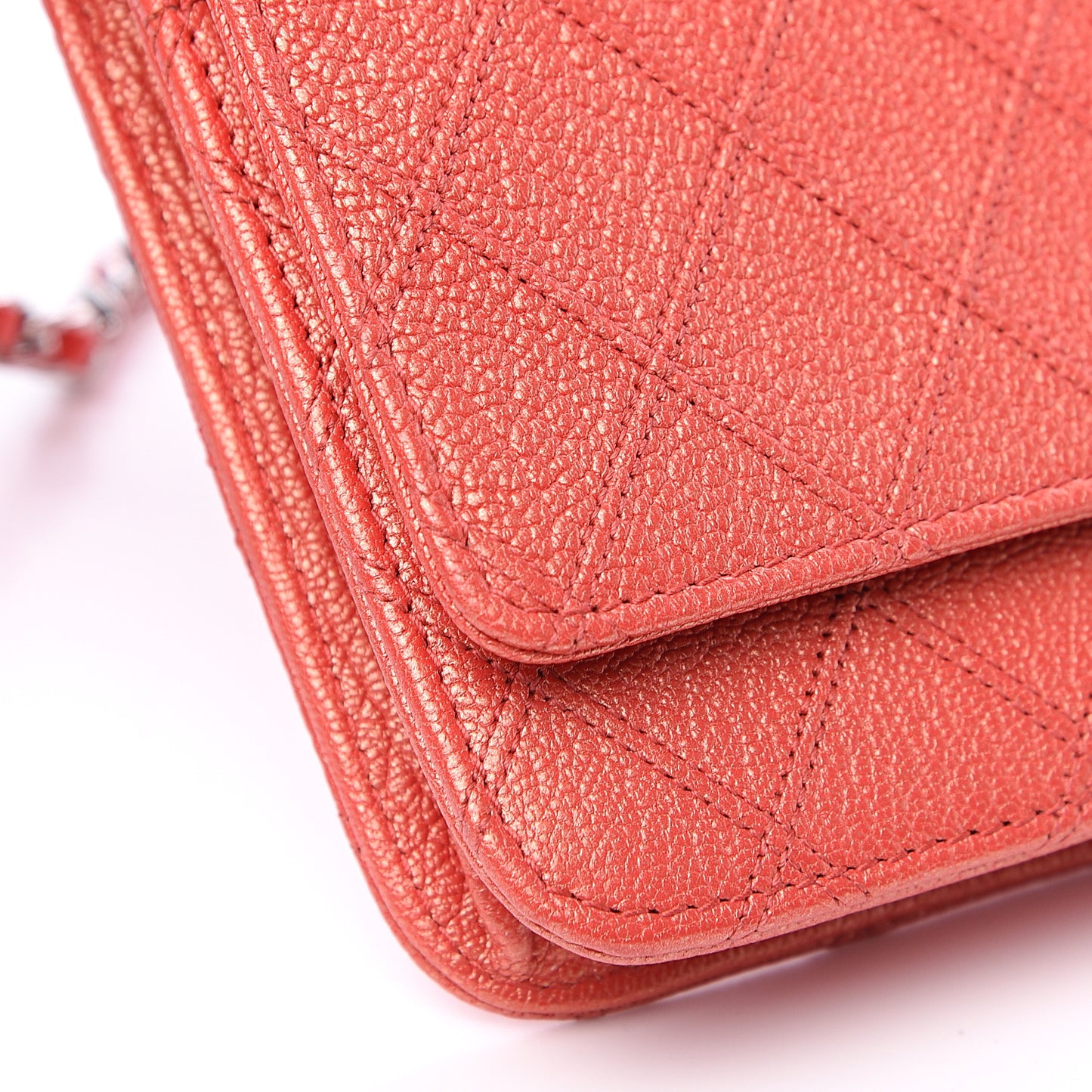 Metallic Goatskin Double Stitch Wallet On Chain WOC Orange