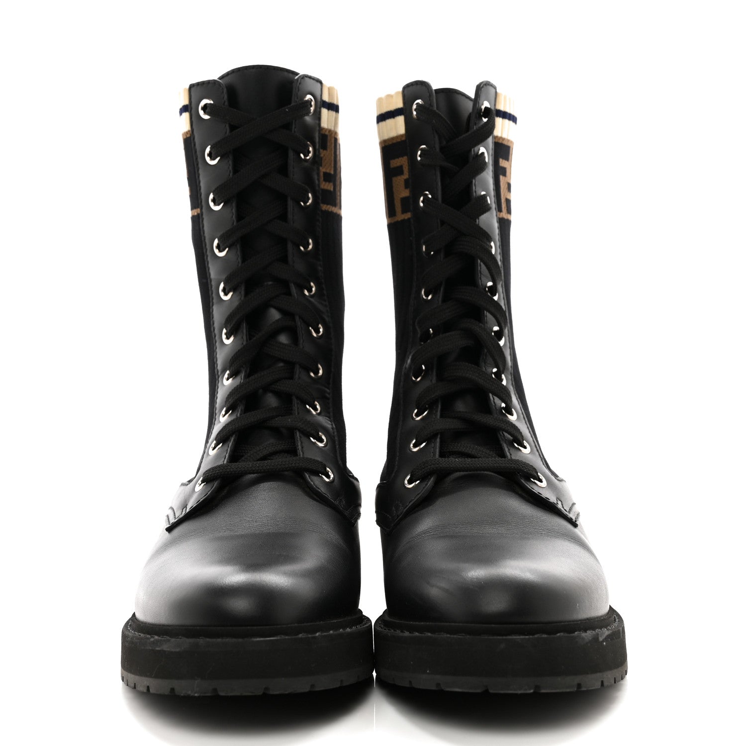 Fendi Calfskin Stretch Fabric Rockoko Biker Boots 39 Tobacco Black Marino 2 of 12