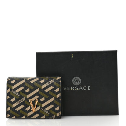 Versace Coated Canvas La Greca Signature Print Virtus Bifold Wallet  Black Khaki 9 of 9