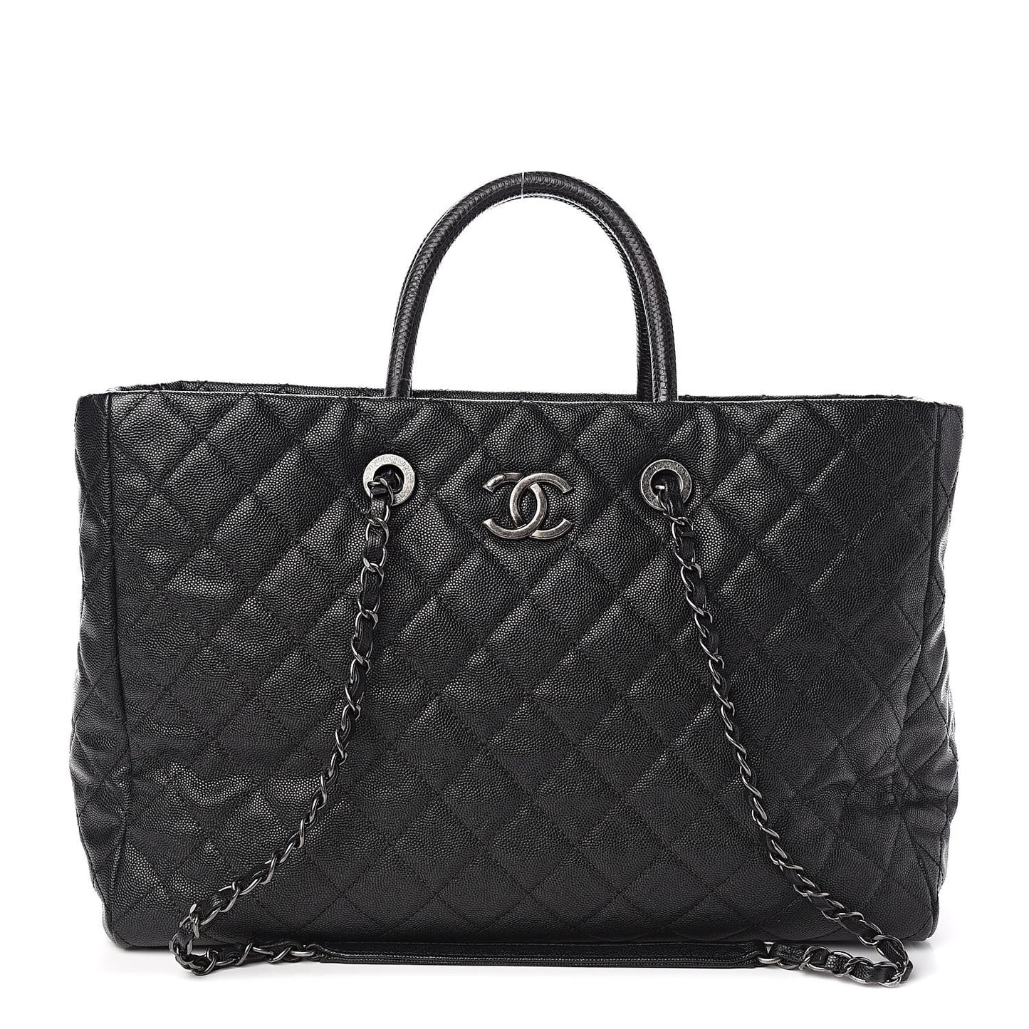 Caviar Lizard Quilted Large Coco Handle Shopping Tote Black