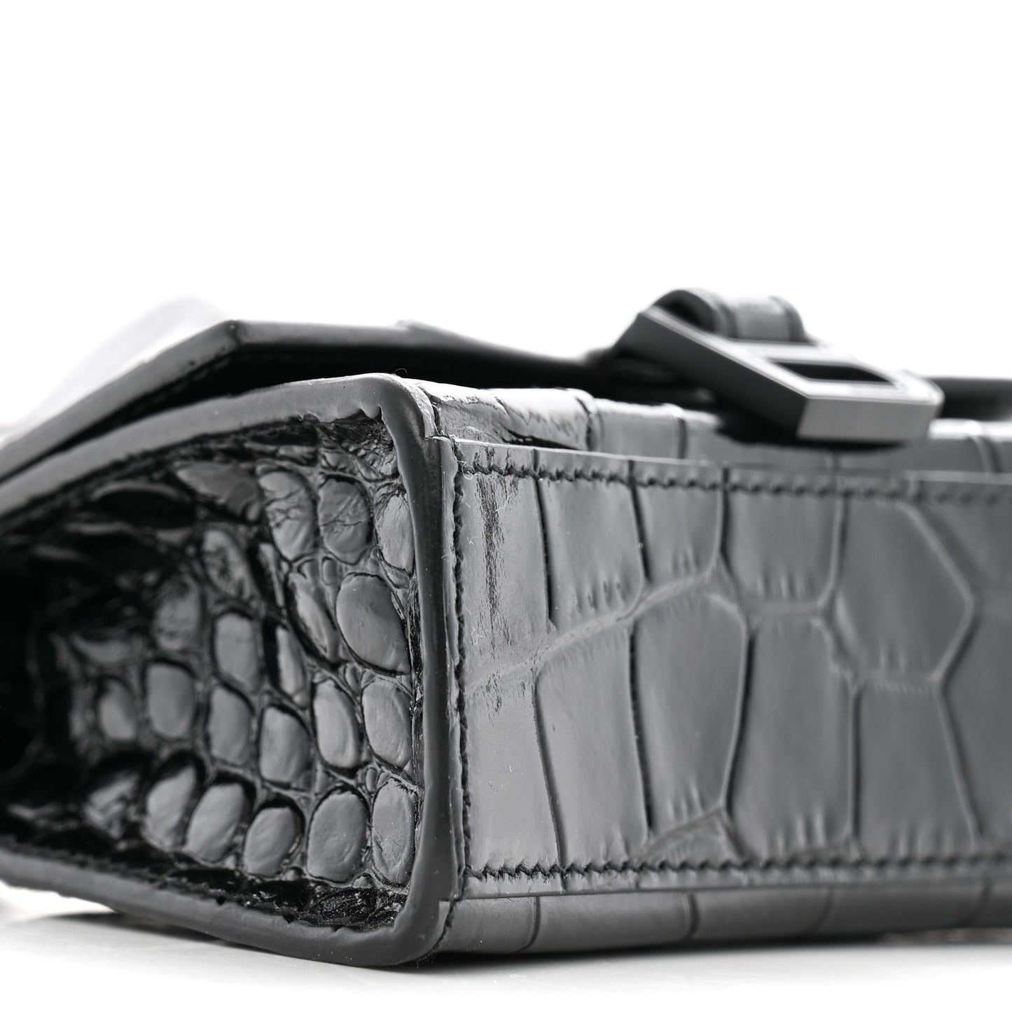 Shiny Calfskin Monochrome Crocodile Embossed Hourglass Top Handle Bag Mini Black