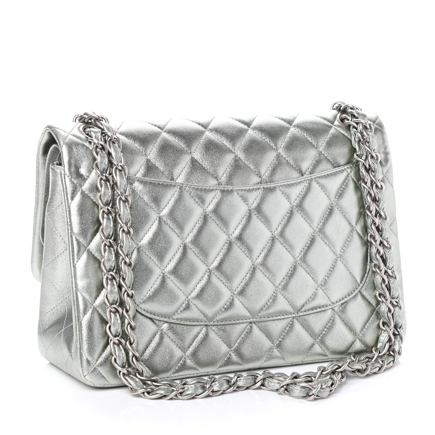 Metallic Lambskin Quilted Jumbo Double Flap Silver