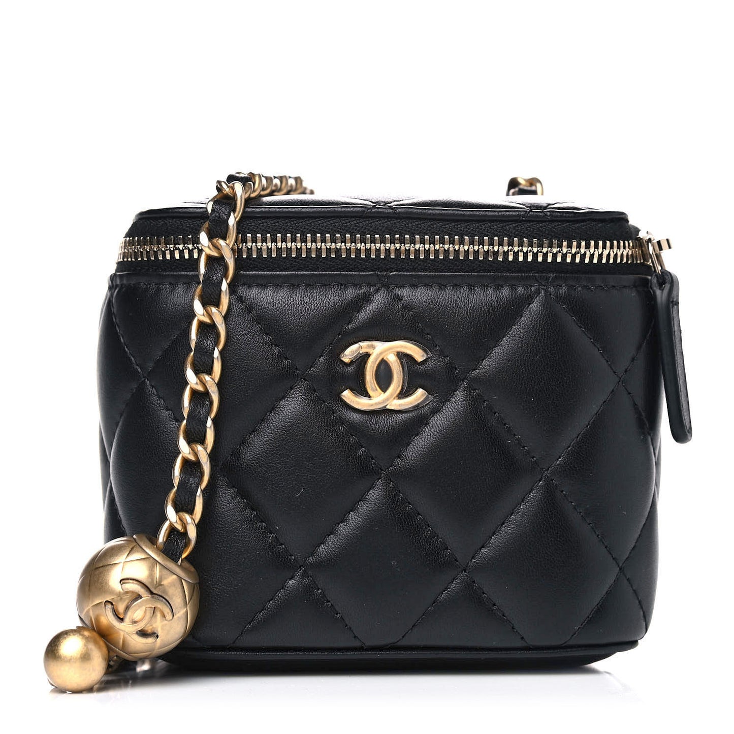 Lambskin Quilted Mini Pearl Crush Vanity Case With Chain Black