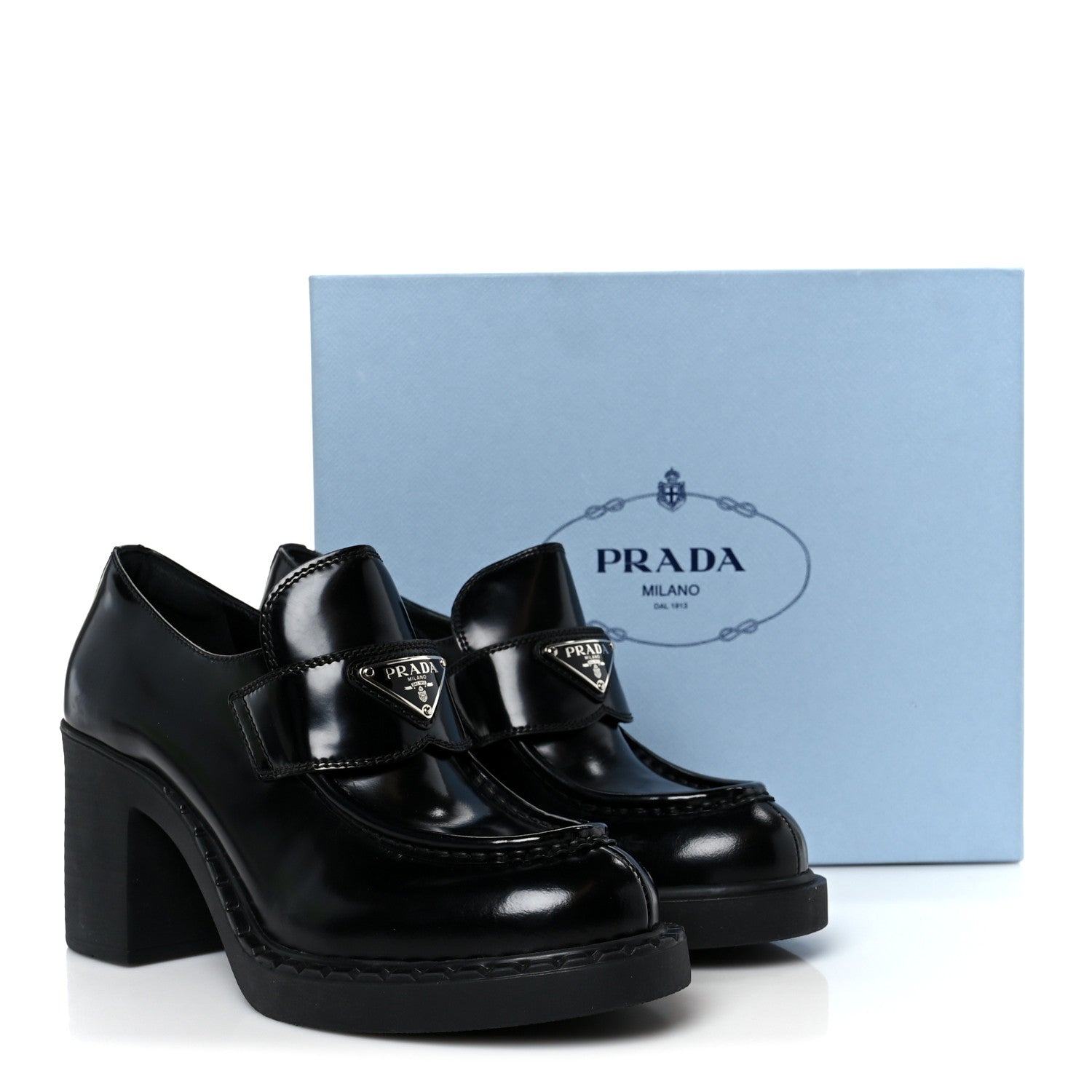 Prada Spazzolato Metal Triangle Logo 85mm Loafers 40 Black 1810753