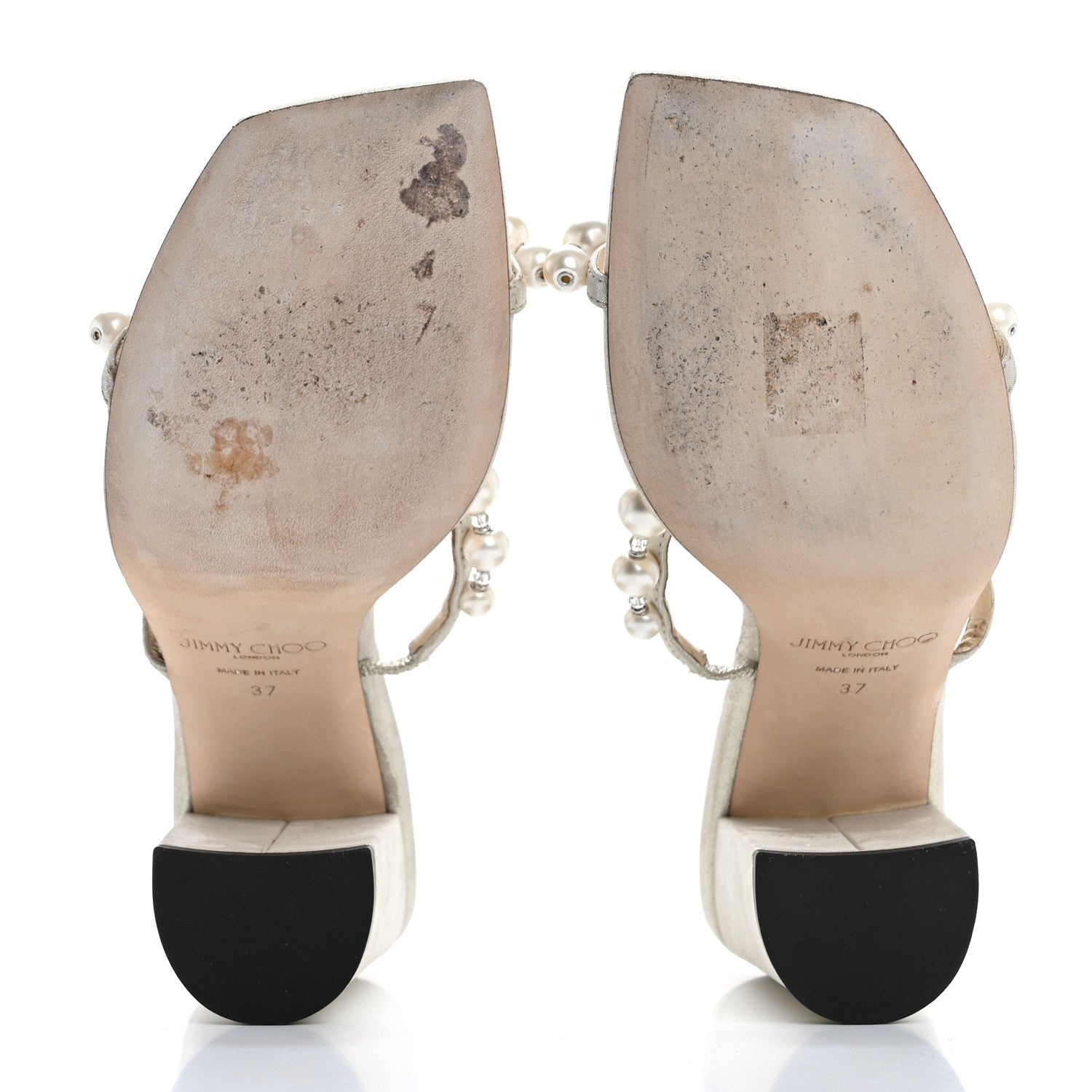 Jimmy Choo Shimmer Suede Pearl Embellished Amara 85 Mule Sandals 37 Champagne White 6 of 9