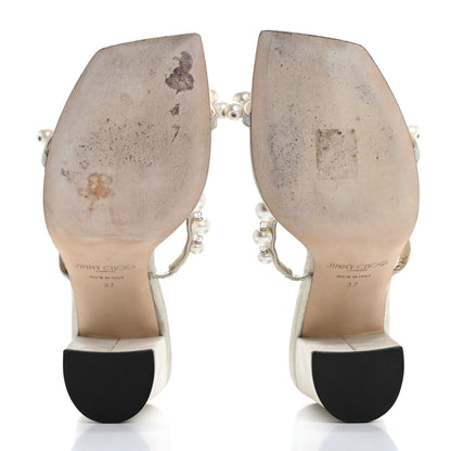 Jimmy Choo Shimmer Suede Pearl Embellished Amara 85 Mule Sandals 37 Champagne White 6 of 9