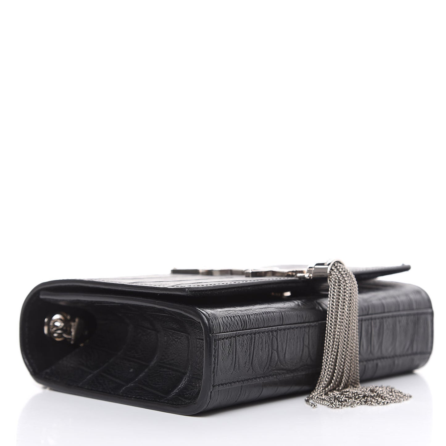 Calfskin Crocodile Embossed Monogram Small Kate Tassel Satchel Black