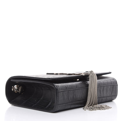 Saint Laurent Calfskin Crocodile Embossed Monogram Small Kate Tassel Satchel Black 4 of 12