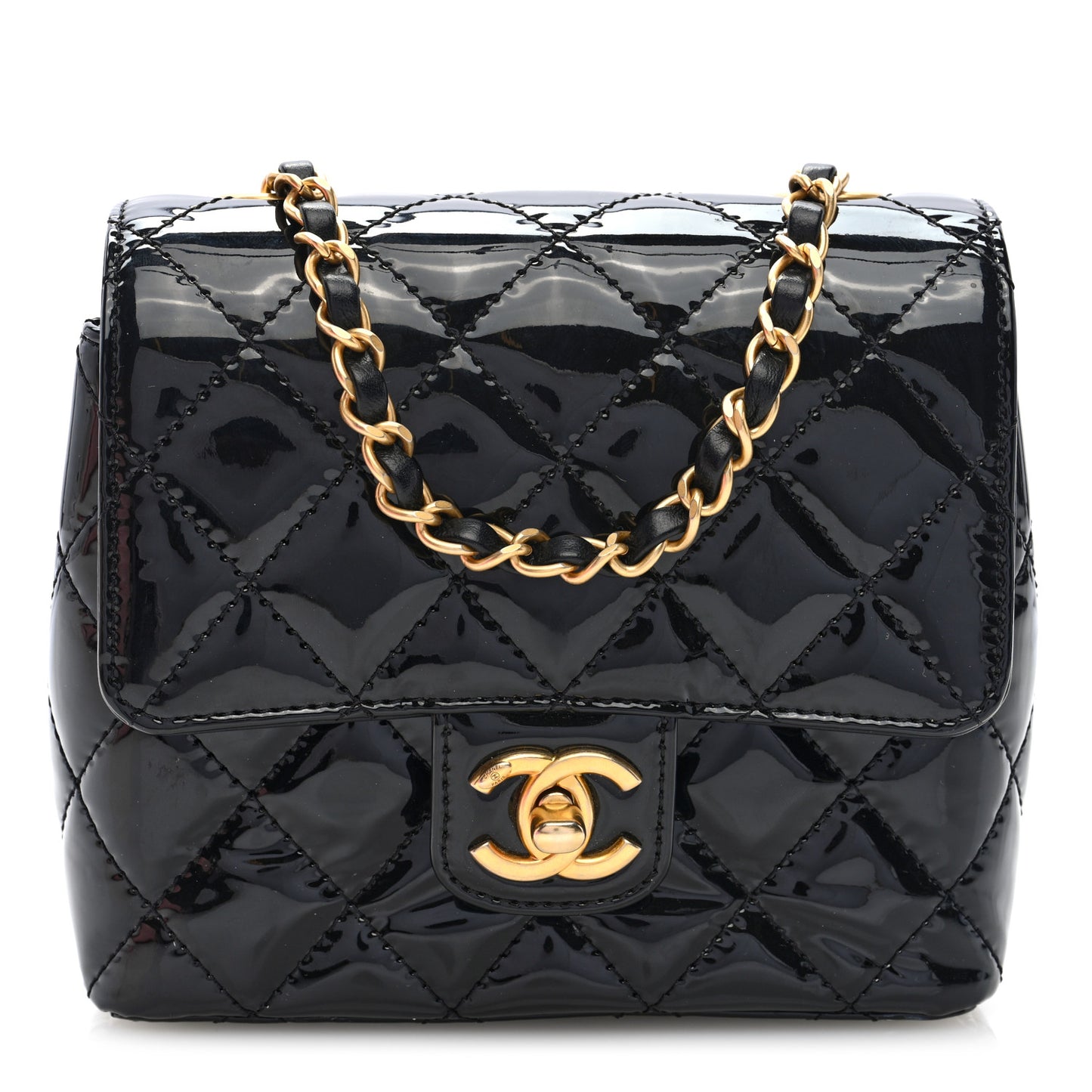 Patent Calfskin Quilted Mini Square Flap Black