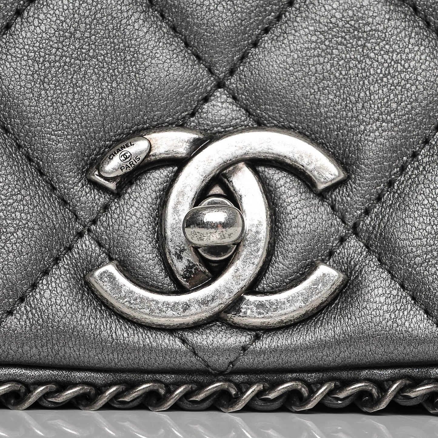 Metallic Calfskin Quilted Large CC Enchained Accordion Flap Grey