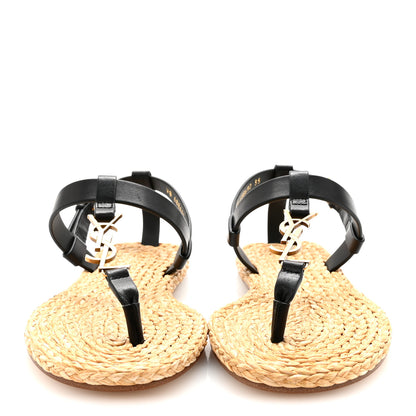 Saint Laurent Calfskin Raffia Cassandra Monogram Sandals 35 Black 3 of 9