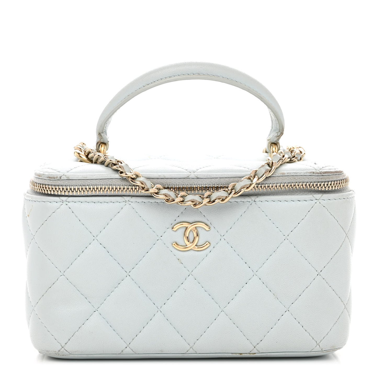 Lambskin Quilted Small Top Handle Vanity Case With Chain Light Blue
