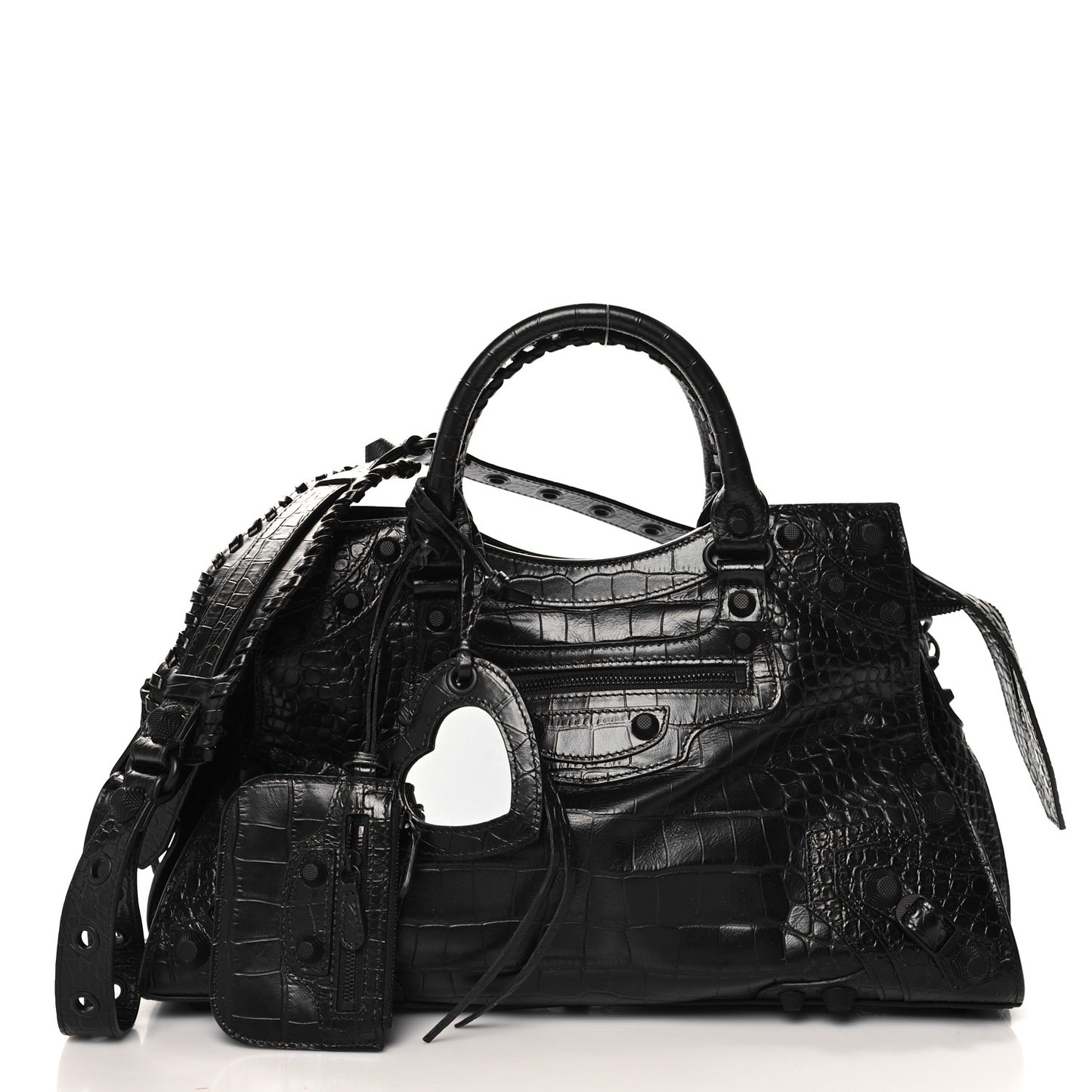 Semi Shiny Calfskin Crocodile Embossed Neo Cagole Black Hardware City Handbag Black