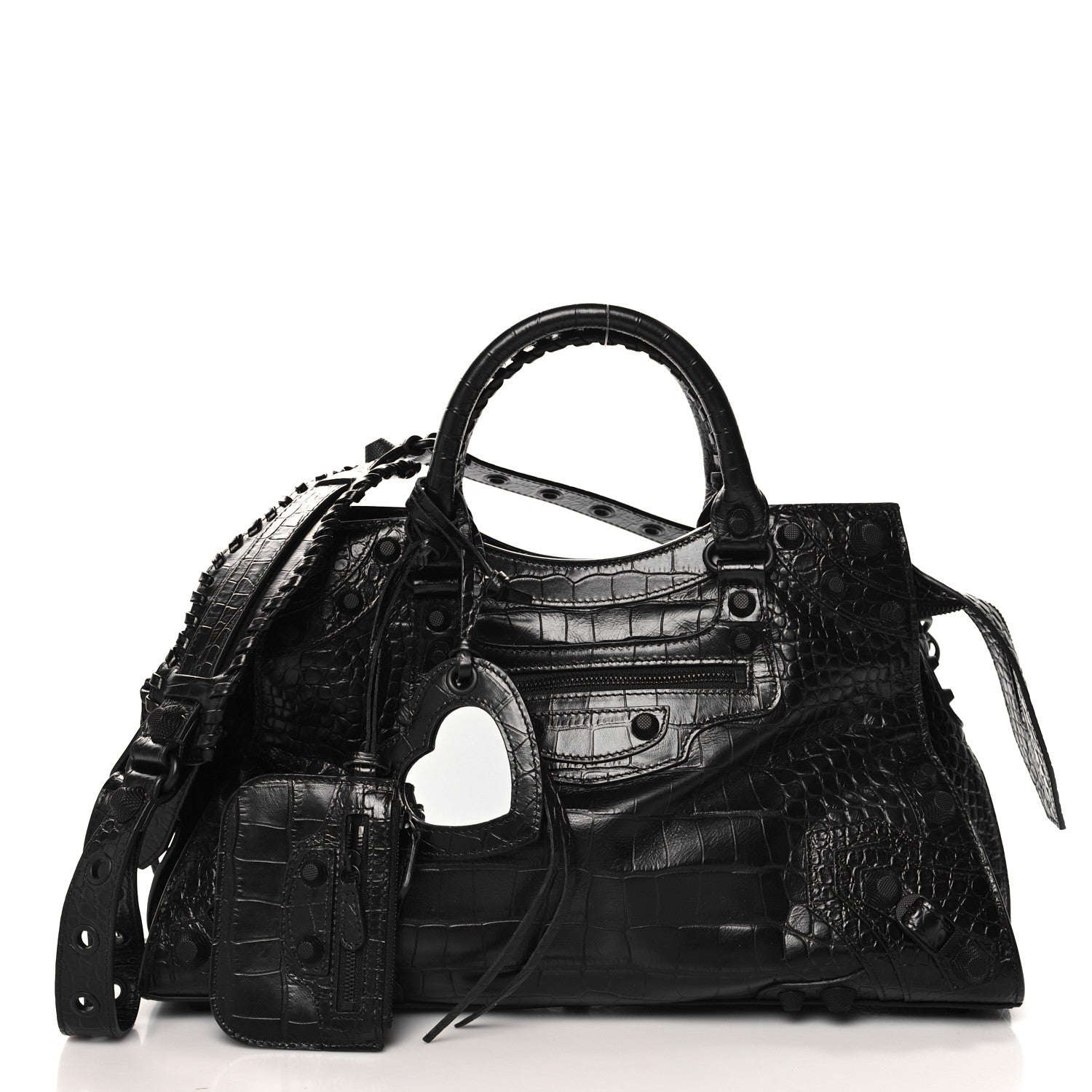 Balenciaga Semi Shiny Calfskin Crocodile Embossed Neo Cagole Black Hardware City Handbag Black 3 of 11