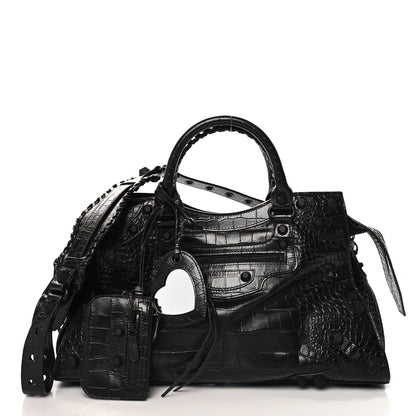 Balenciaga Semi Shiny Calfskin Crocodile Embossed Neo Cagole Black Hardware City Handbag Black 3 of 11