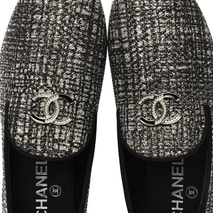 Chanel Fantasy Fabric Grosgrain CC Mocassin Loafers 36.5 Silver Black 9 of 11