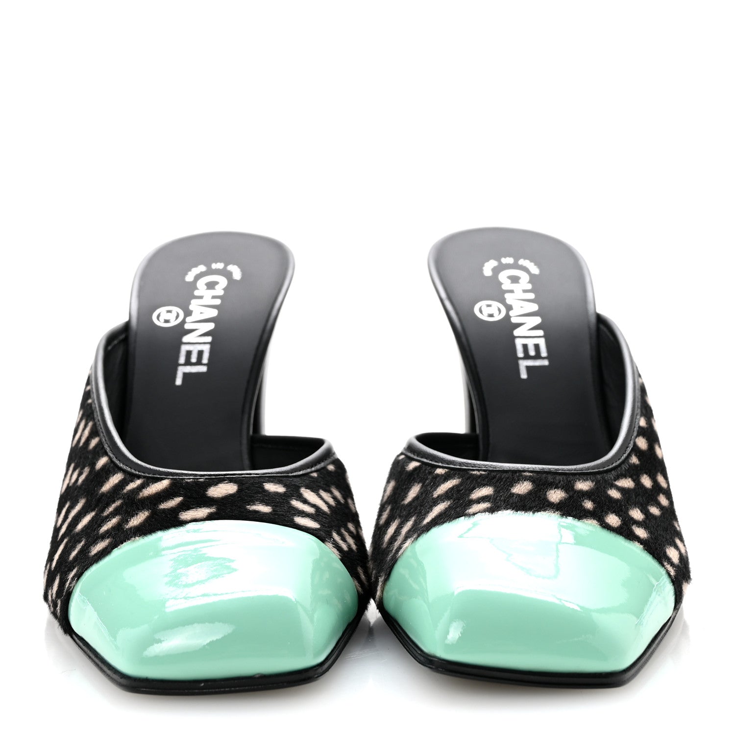 Chanel Pony Hair Lambskin Patent Calfskin Cap Toe Mules 39 Black White Green 3 of 10