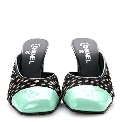 Chanel Pony Hair Lambskin Patent Calfskin Cap Toe Mules 39 Black White Green 3 of 10