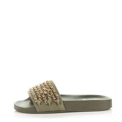 Chanel Canvas Chain Flat Sandals 36 Khaki 1 of 6
