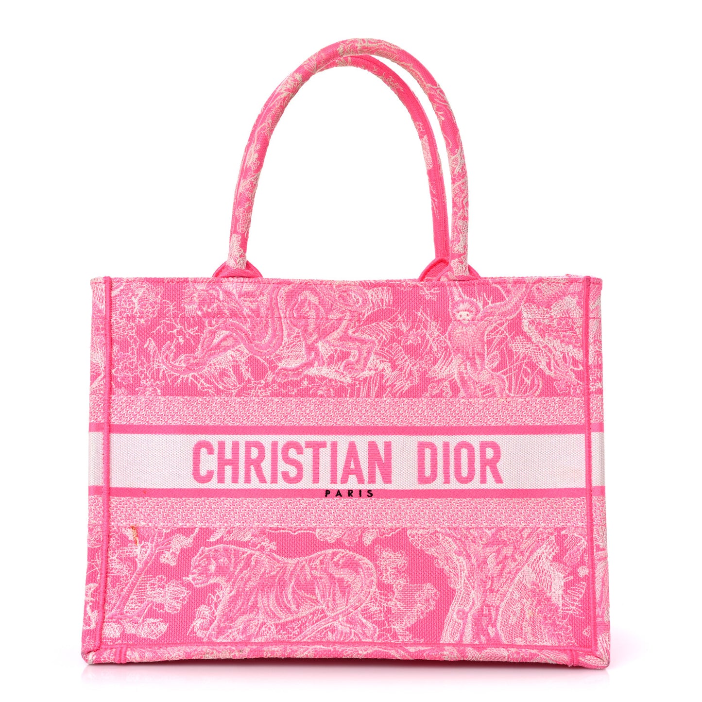 Canvas Embroidered Medium Toile De Jouy Reverse Book Tote Fluorescent Pink