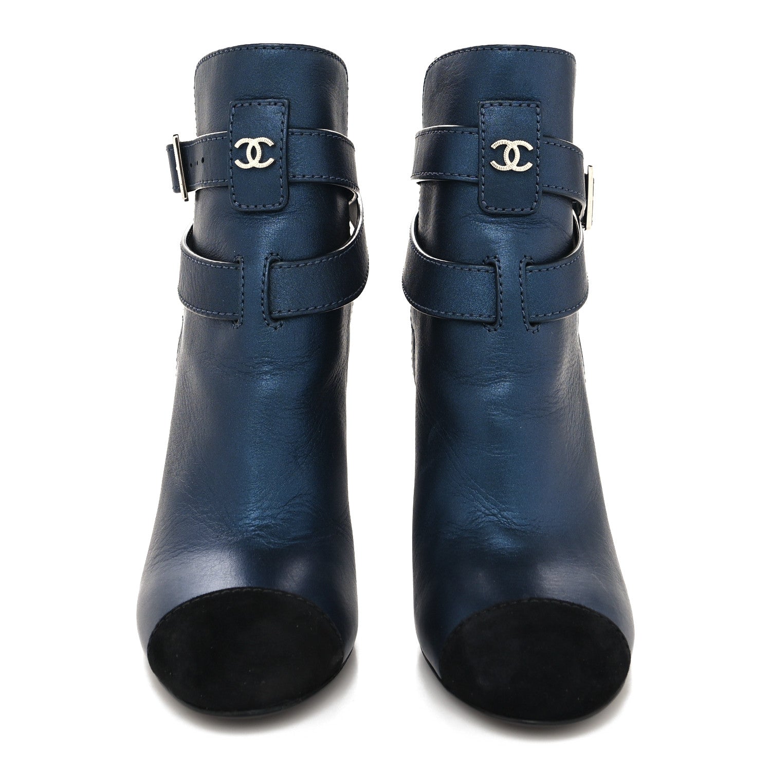Chanel Calfskin Suede Cap Toe CC Short Boots 36 Navy Black 2 of 7