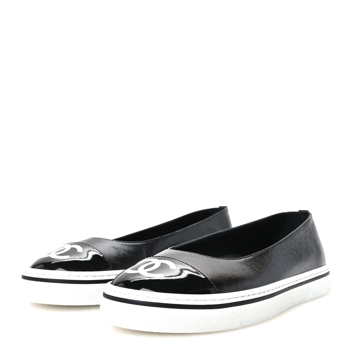 Crumpled Shiny Lambskin Patent Calfskin CC Ballet Flats 37.5 Black