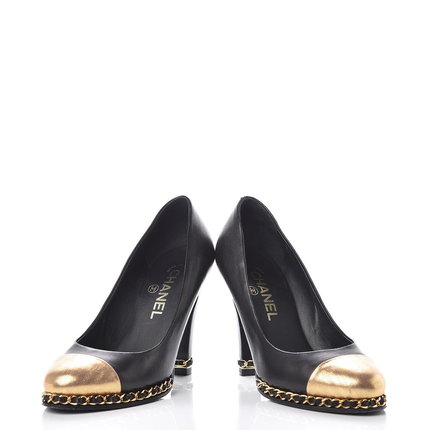 Lambskin Chain Around Cap Toe Pumps 36.5 Black Gold