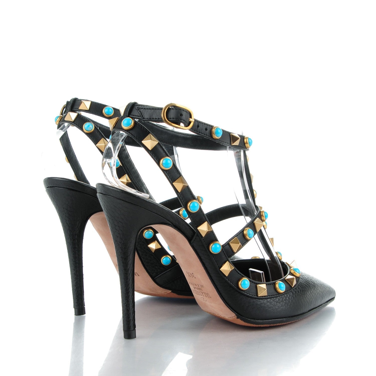 Valentino Garavani Pebbled Calfskin Turquoise Rockstud Rolling Ankle Strap 100mm Pumps 34.5 Black 4 of 8