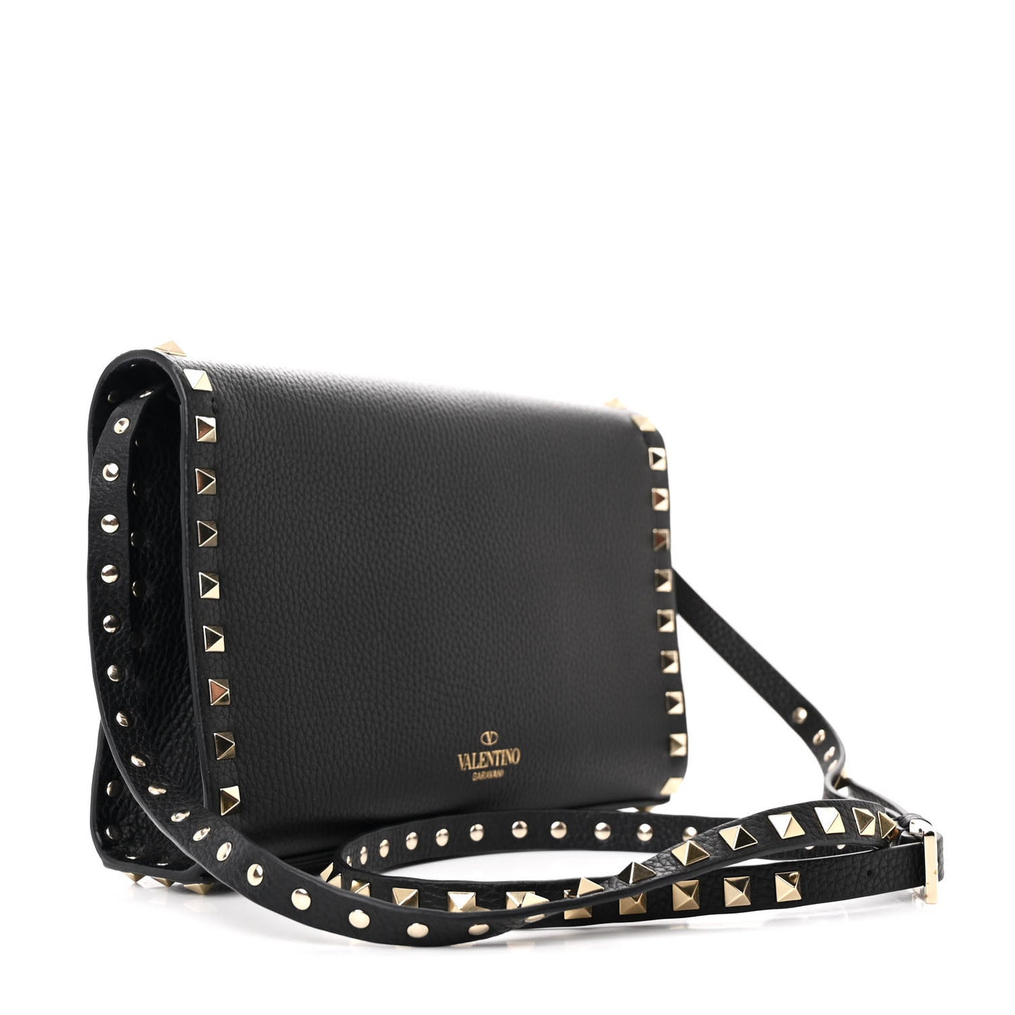 Pebbled Calfskin Medium Rockstud Flip Lock Crossbody Bag Black