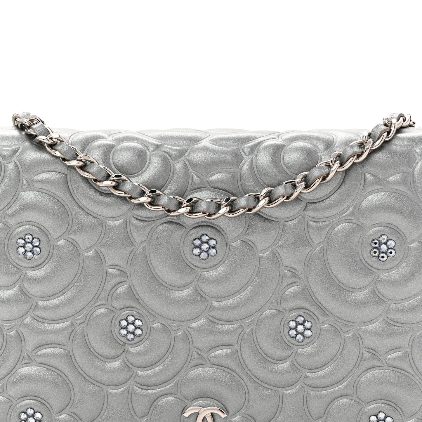 Metallic Lambskin Crystal Camellia Embossed Wallet On Chain WOC Silver