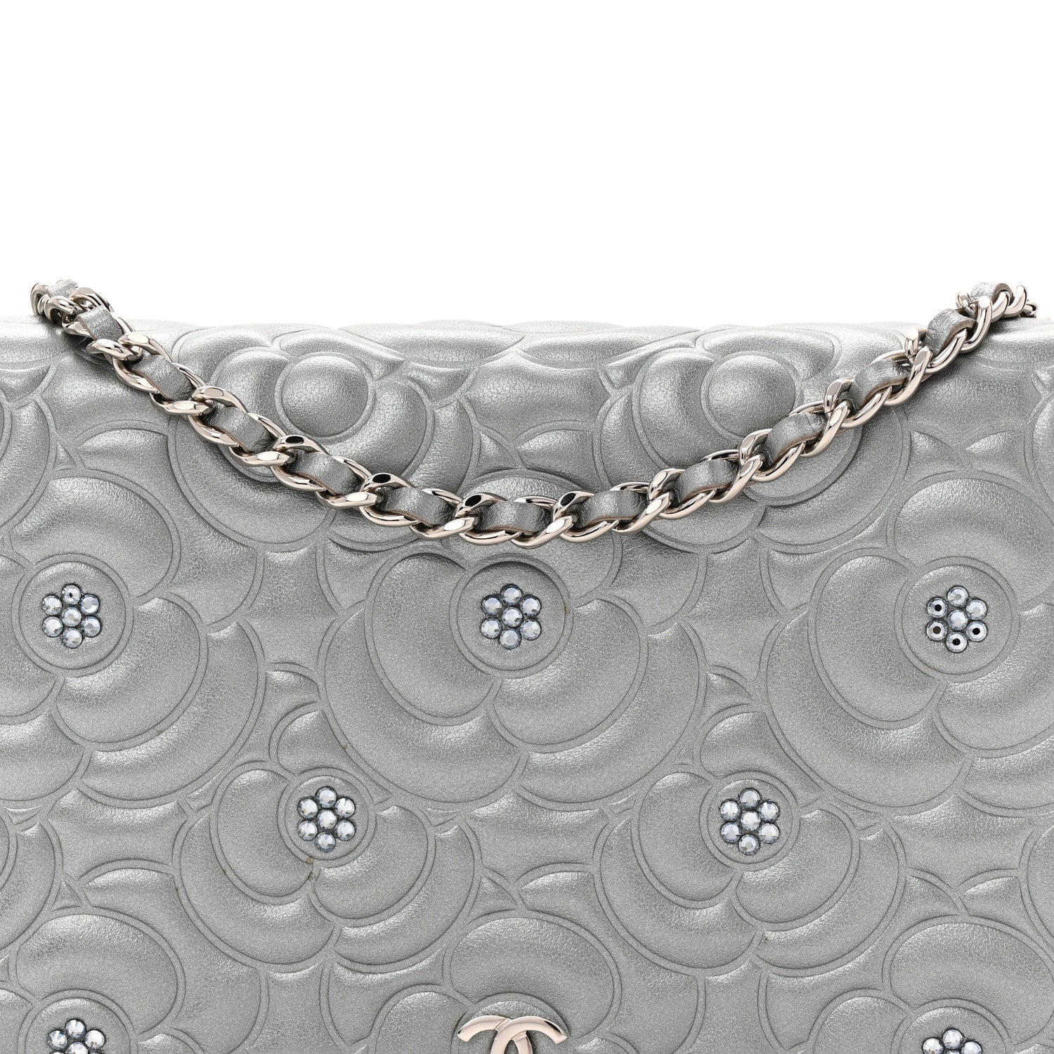 Chanel Metallic Lambskin Crystal Camellia Embossed Wallet On Chain WOC Silver 9 of 12