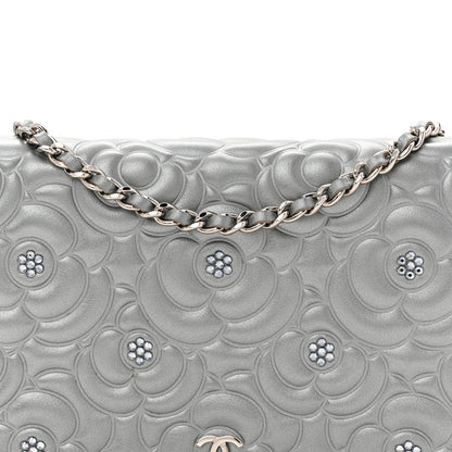 Chanel Metallic Lambskin Crystal Camellia Embossed Wallet On Chain WOC Silver 9 of 12