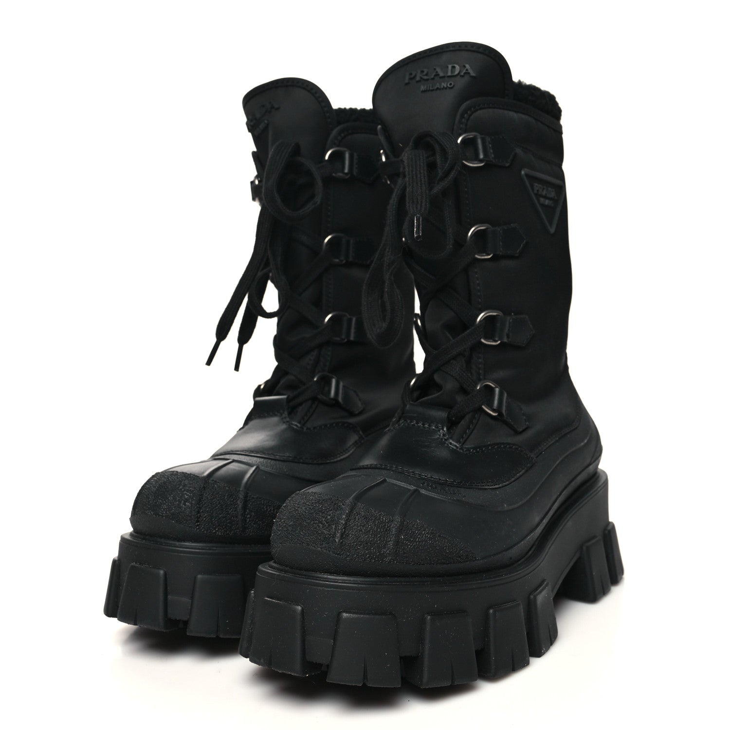 Prada Nylon Rubber Shearling Triangle Logo Monolith 55mm Snow Boots 36.5 Black 3 of 8