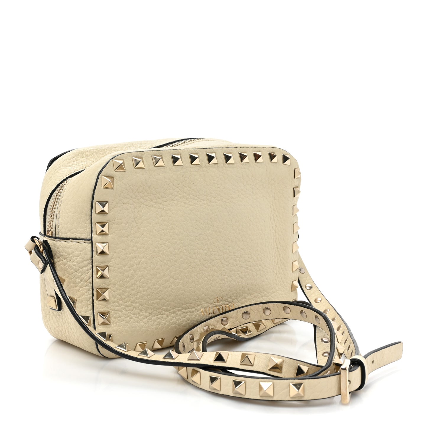 Grained Calfskin Rockstud Camera Crossbody Bag Ivory