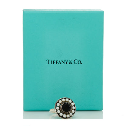 Tiffany Sterling Silver Black Onyx Freshwater Cultured Pearl Ziegfeld Ring 56 7.5 6 of 6