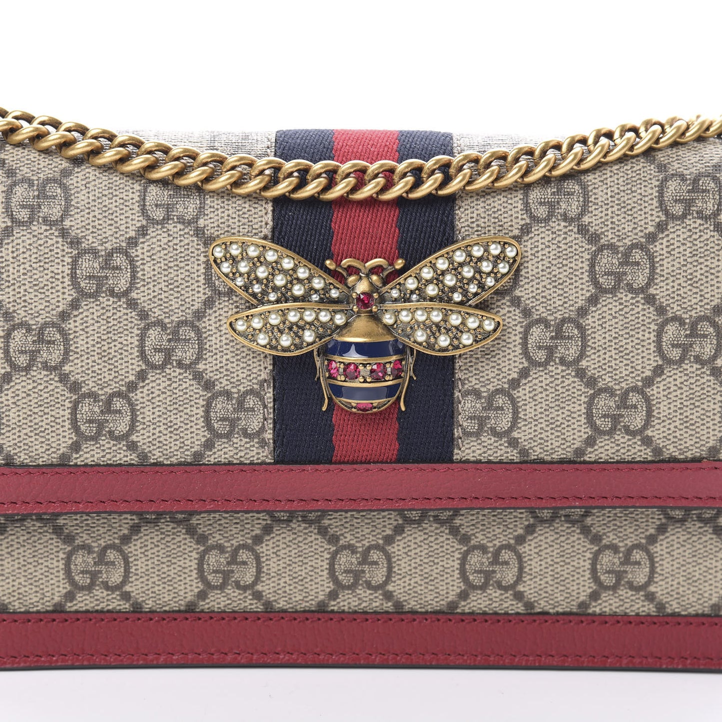 GG Supreme Monogram Web Queen Margaret Chain Wallet Red