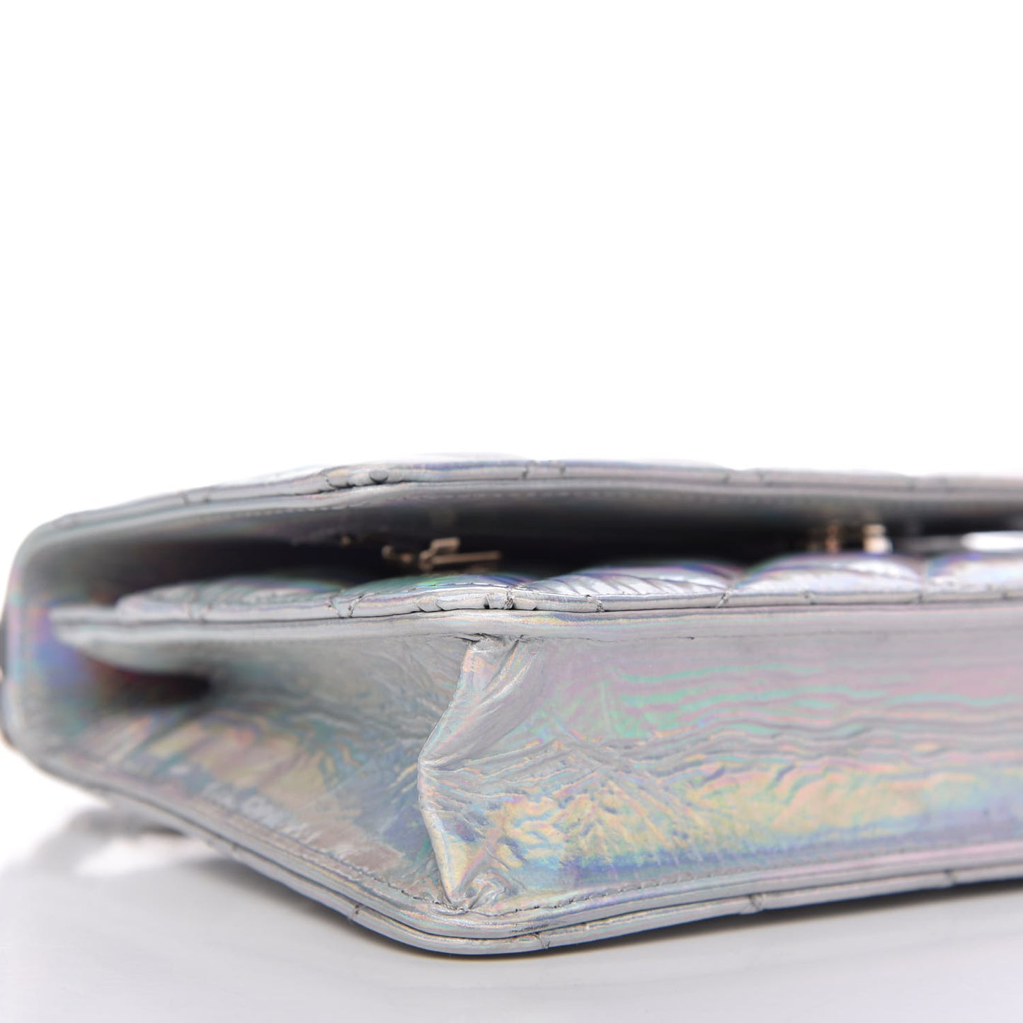 Iridescent Goatskin Quilted Wallet On Chain WOC Silver