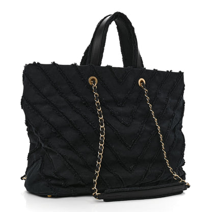 Chanel Canvas Chevron Cuba Patchwork Shopper Tote Black 3 of 10
