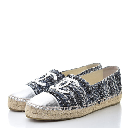 Chanel Metallic Tweed Lambskin CC Espadrilles 36 Blue Black Silver 3 of 10